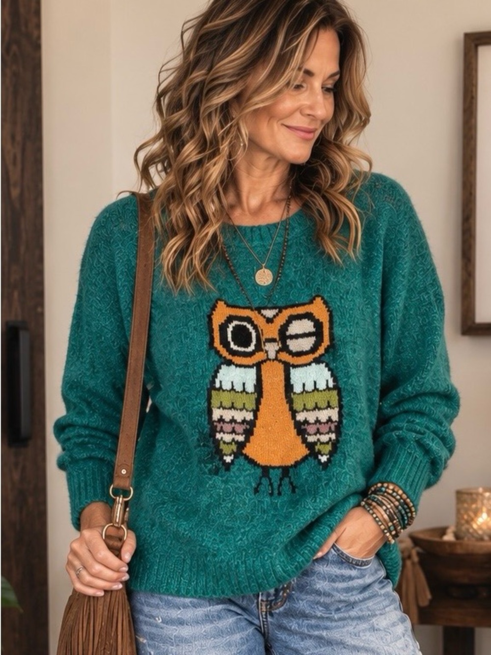 Woolrich- Winking Owl Teal Wool Mohair Blend Sweater size L Cottagecore Boho